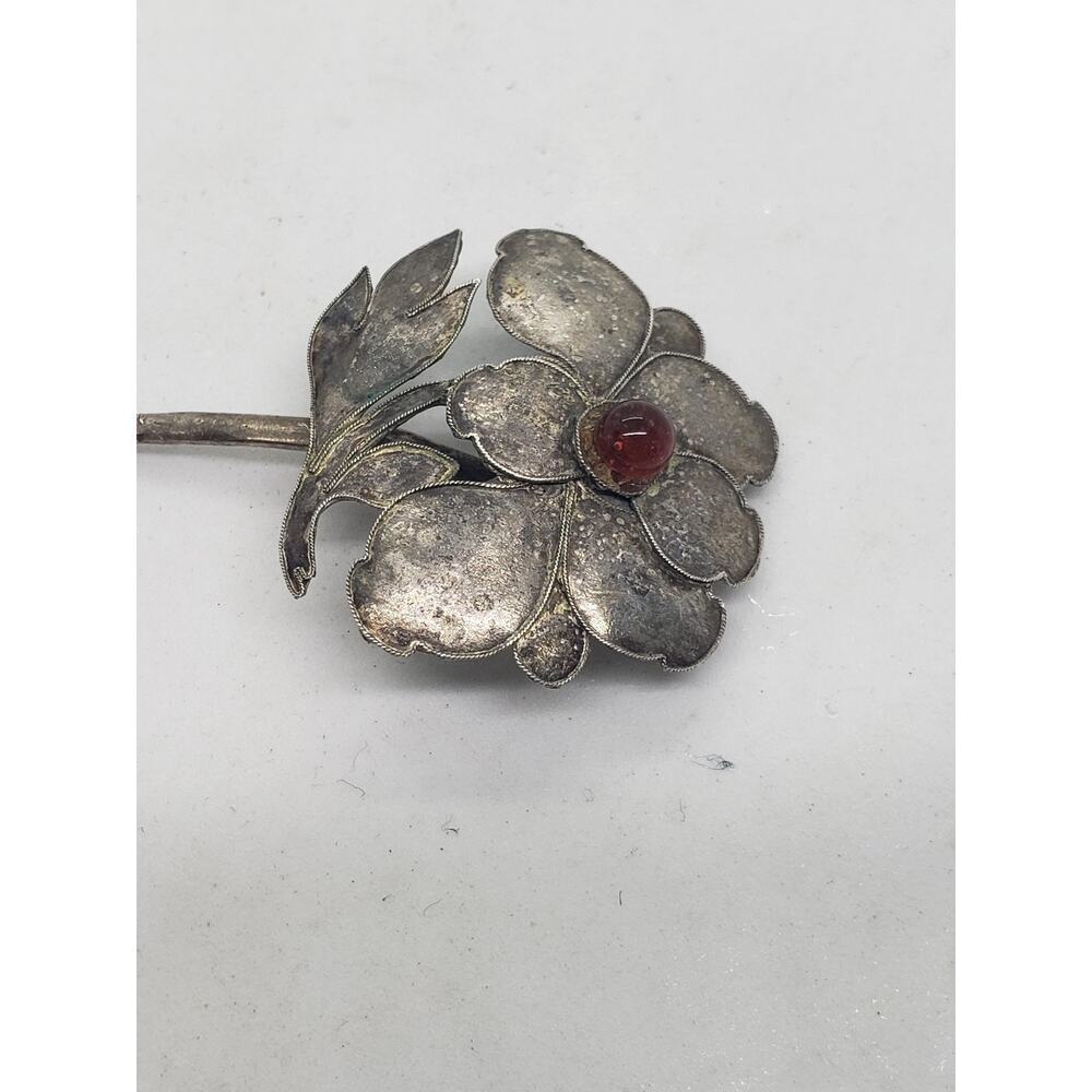 Vintage Sterling Silver Flower Stick Pin Red Cabochon Glass center Art Deco - Picture 5 of 8